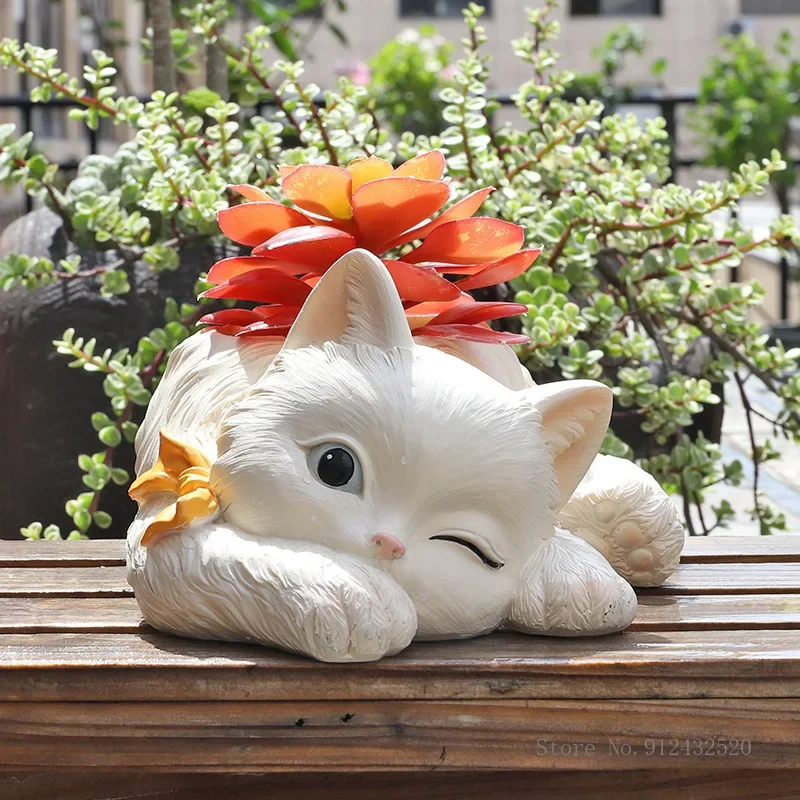 American Country Simulation Cat Resin Fleshy Flower Pot, Garden Home Decor, Creative Cute Cartoon, Desktop Potted Flowerpot, 1Pc
