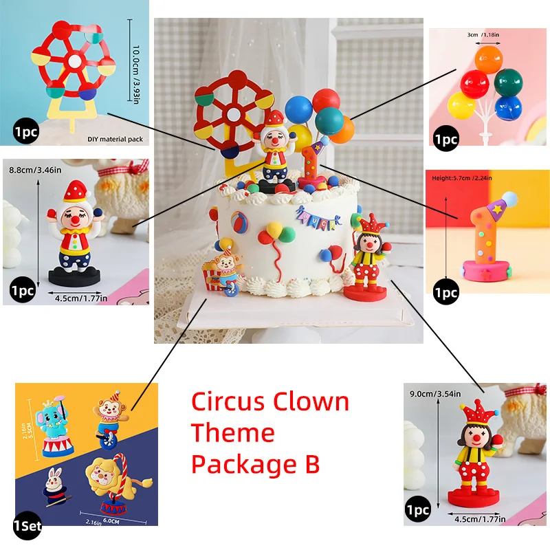 Circus Theme Cake Topper Clown Jester Circus Animal Lion Elephant for Kids 1st Happy Birthday Party Cake Decoration Baby Shower