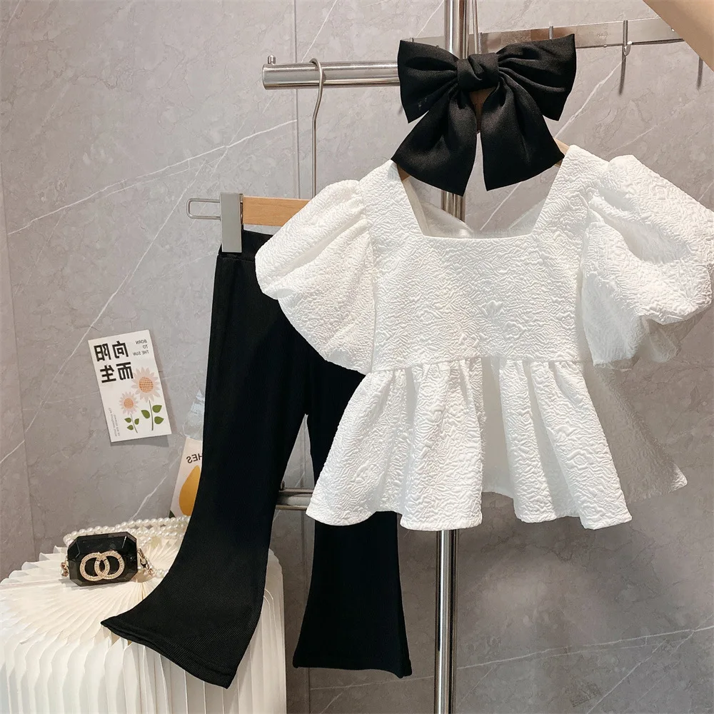 

2025 Girls' Set Summer Short Sleeved Doll Shirt Top Casual Bell Bottom Pants Nine Quarter Pants Stylish Girl Baby Two Piece Set