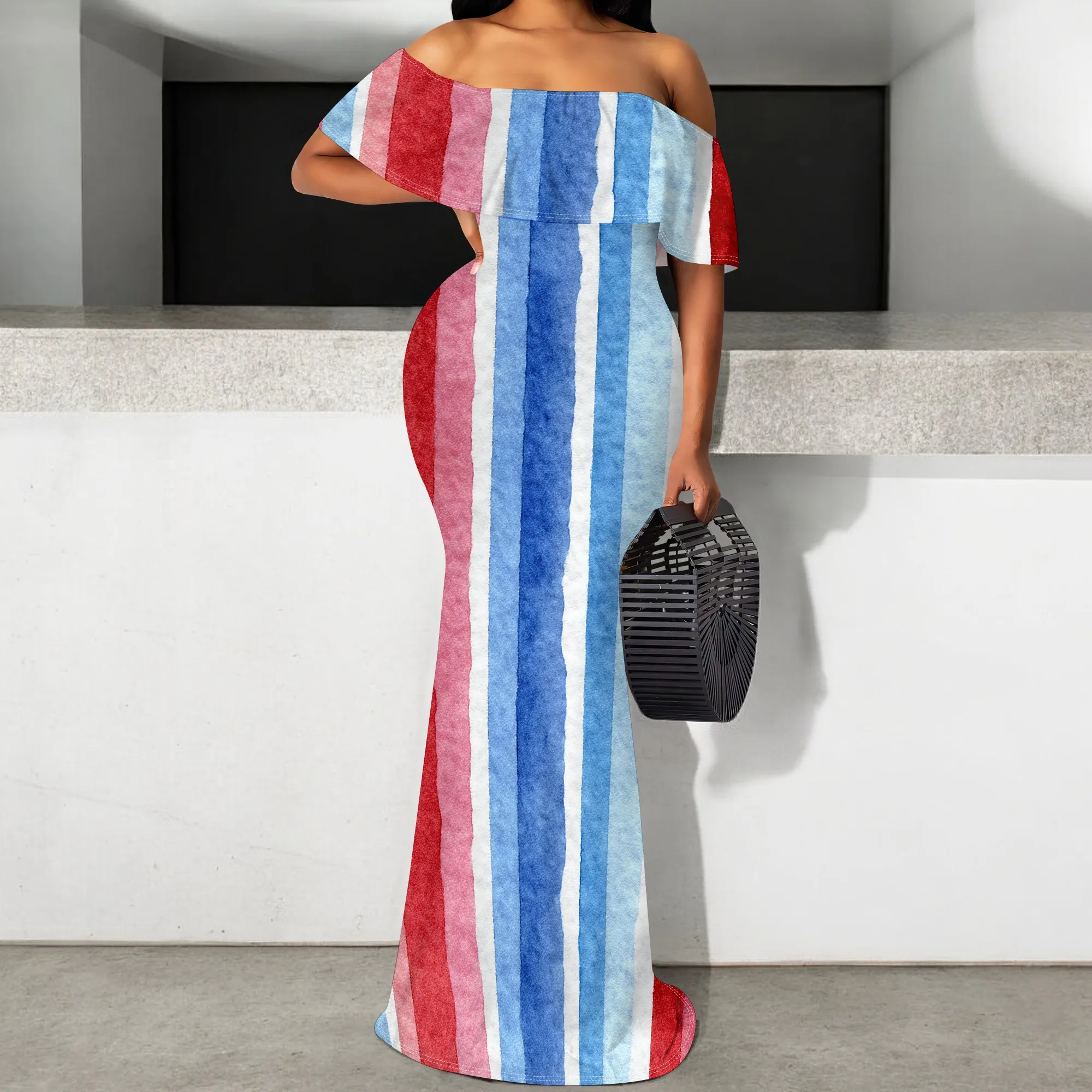 

Women's Off-Shoulder Maxi Dress 2025 New Arrival Striped Pattern Patriotic Summer Dress S-3XL Beach & Holiday Wear