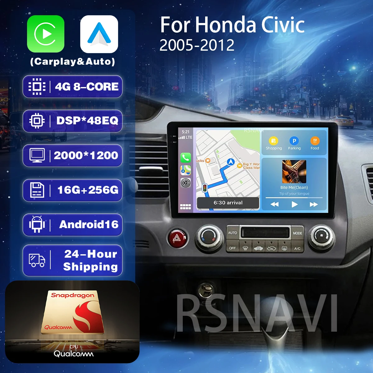 RSNAVI Android 16 Carplay Auto Car Radio Multimedia Player For Honda Civic 8 2005 - 2012 Autoradio GPS Stereo 2din Head Unit