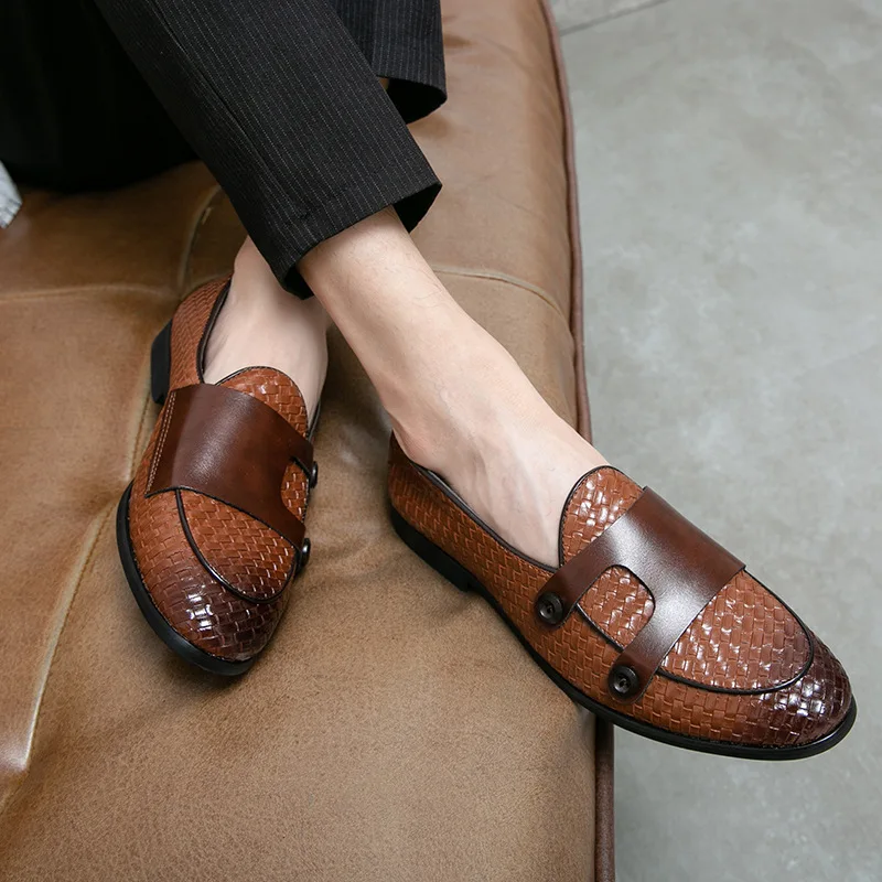 British Style Weave Pattern Microfiber Leather Monk Shoes Mens Buckle Party Wedding Loafers Moccasins Men Driving Flats