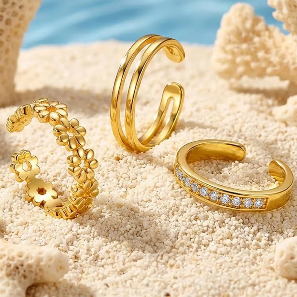 3Pcs Gold Open Adjustable Ring Set for Women Double Band Floral Stackable Finger Rings Inlaid CZ Dainty Minimalist Daily Jewelry view 4
