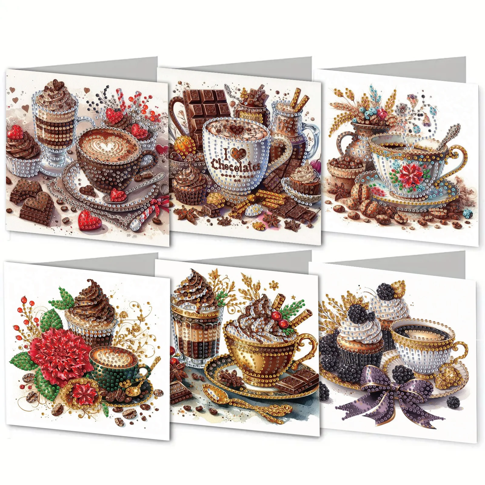Juego de pintura de diamantes de 6 piezas: tarjeta de felicitación con tema de café, bendiciones y deseos, diseño único de Mark Sai