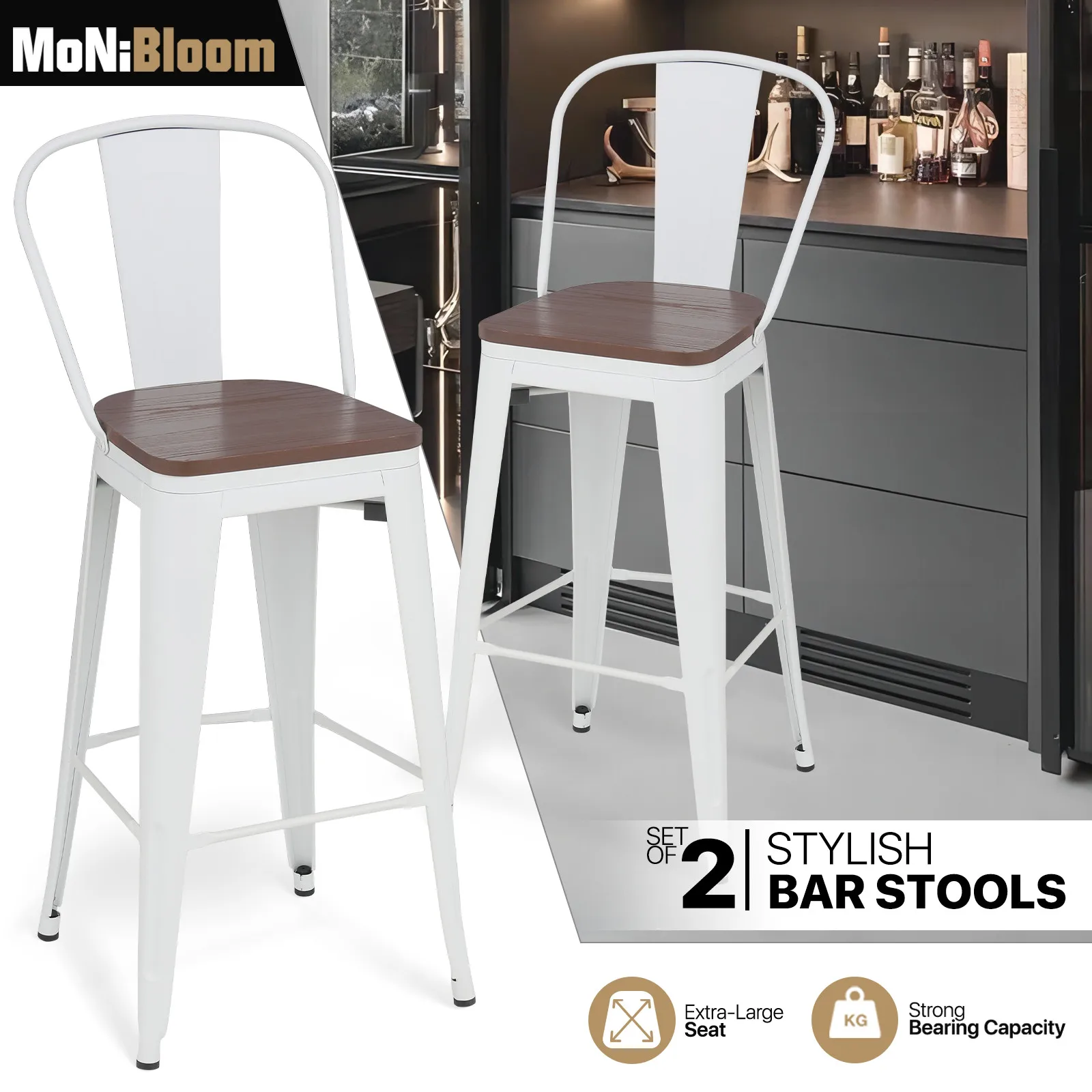 

Set of White Bar Stools Portable Pub Restaurant Café Dining Chair w/Wooden Seat