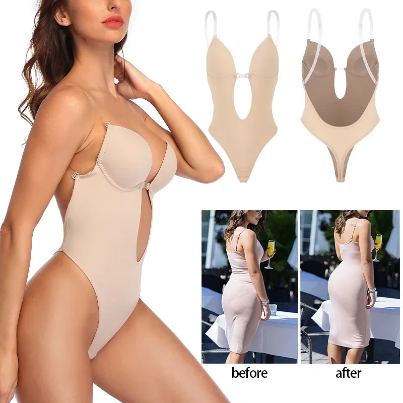 

Thong Bodysuits Lingeries For Women Sexy Backless Deep V Neck Shaper COMFREE Party Invisible U Plunge Corset With Bras Shapewear