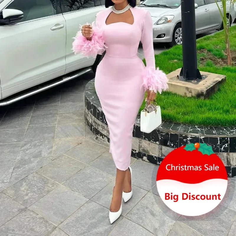 Customized New Arrival Women Sexy High Waisted Long Sleeve Feather Trim Split Bandage Dress OL 2025 Elegant Evening Club Party D