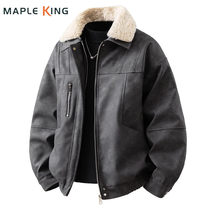 PU Leather Parkas Jacket for Men Vintage Lambswool Collar Detachable Thickened Jacket Punk Streetwear Man Warm Outdoor Coats
