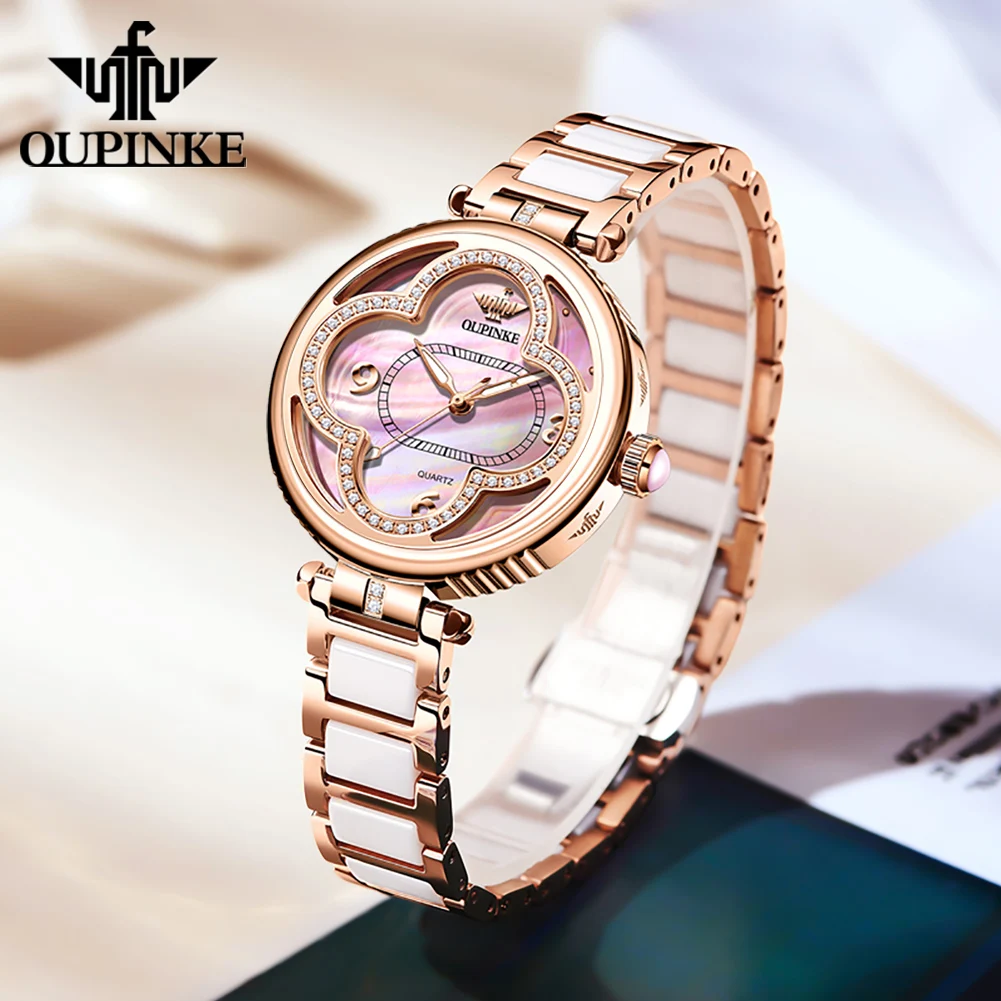 OUPINKE Elegant Watch for Ladies Lucky Grass Diamond Watch Ceramic Stainless steel Strap Waterproof Women\'s Watches Set Gift NEW