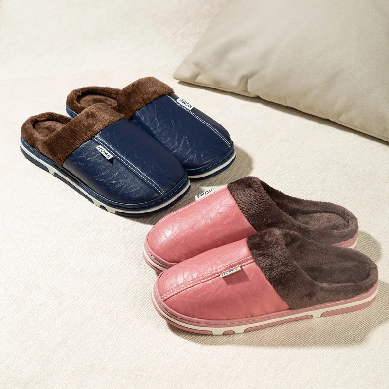 

Мужские зимние повседневные тапочки большого размера, модная теплая кожаная обувь для спальни на плоской подошве, домашняя непромокаемая домашняя обувь из искусственной кожи