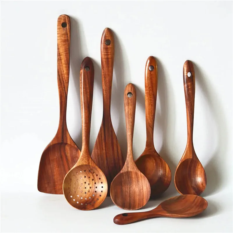 

7-Piece Set Of Wooden Cooking Tools Natural Wooden Long Rice Spoon Soup Skimmer Thai Teak Natural Wood Tableware Kitchen Supplie