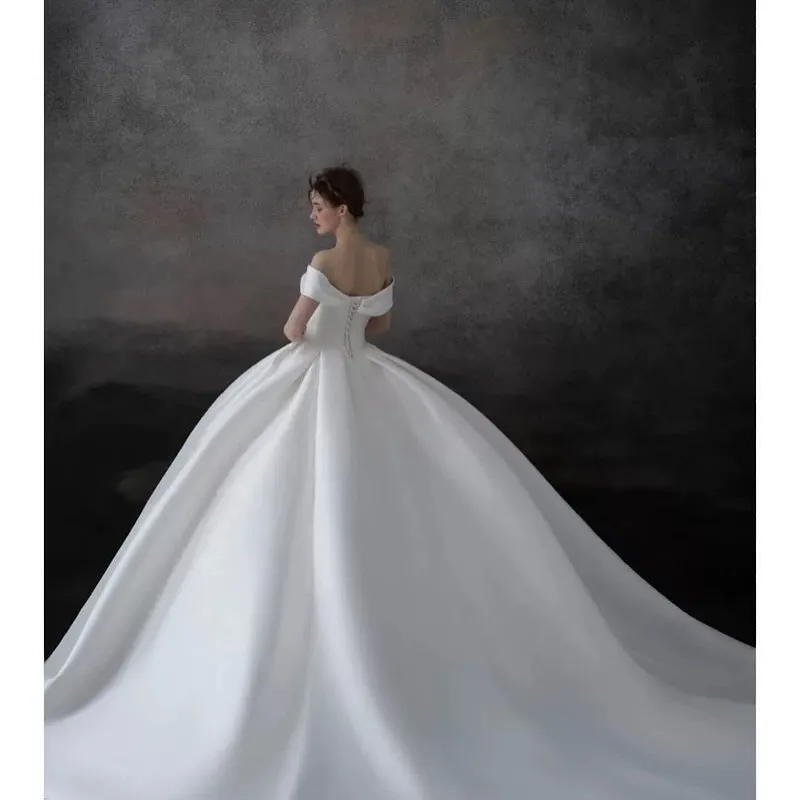 

Customized Elegant Off the Shoulder Wedding Dress Boat Neck Satin Chapel Train Lace Bridal Gowns Lace Up Back Bridal Party