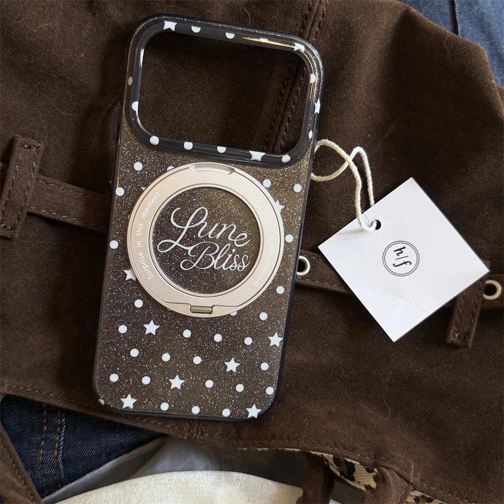 Kawaii Vintage Star Dot Case For iPhone 15 16 17 18 Pro Max 360 Degree Rotating Holder Shell Glitter Brown Hard Phone Shell