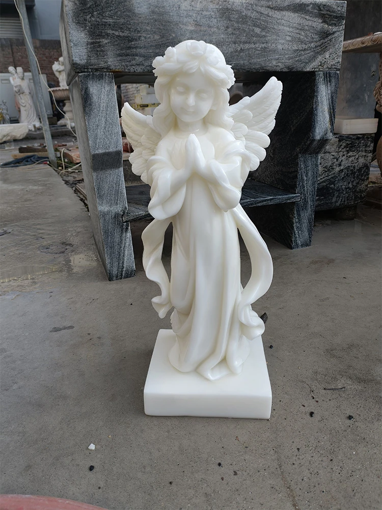 White Marble Angel Sculpture Natural Stone Indoor and Outdoor Decoration Ornaments