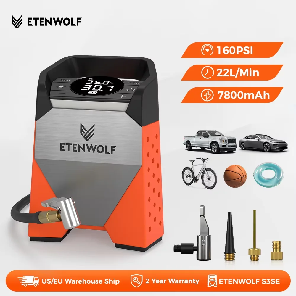Image of Neuer tragbarer ETENWOLF S3C-Luftkompressor, 7800 mAh, Reifenfüller, schnelles Aufpumpen, 160 PSI, 100 % Arbeitszyklus für Autos, Fahrräder, Bälle