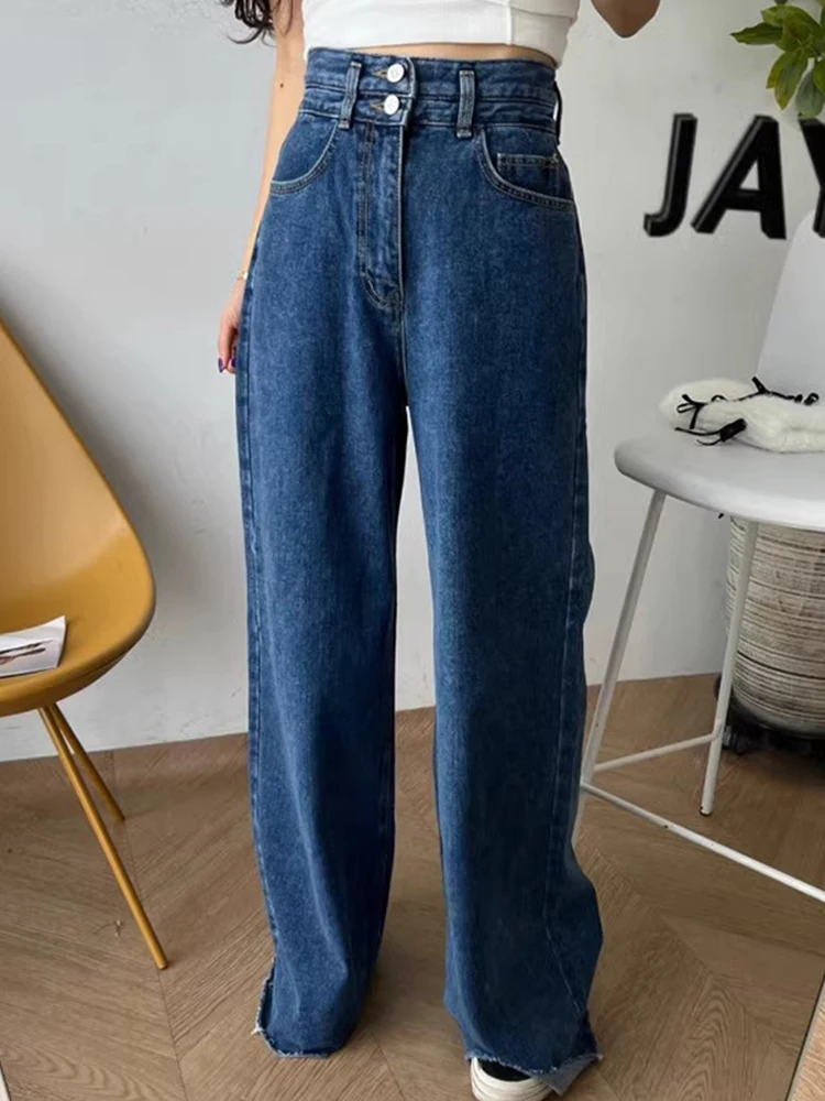 

Ele High Waist Wide Leg Jeans Straight Cut with Frayed Hem for Women Autumn Faion plus Size Trousers Casual Skinnifng