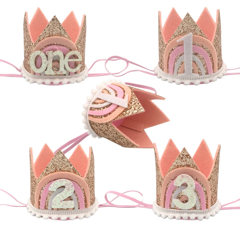 1Pcs Rainbow 1 2 3 Years Old Non-woven Birthday Crown Hat Girl Birthday Party Decorations Baby Shower 1st 2nd 3th birthday favor