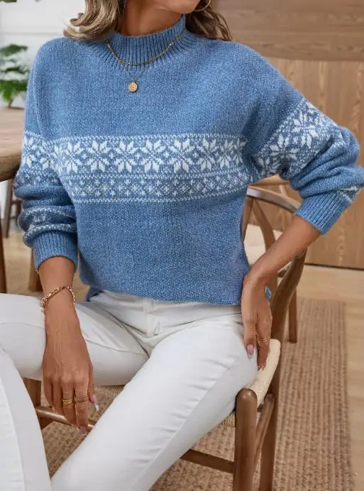 Maglione lavorato a maglia jacquard con fiocco di neve di Natale Autunno/Inverno 2025 Collo alto Manica lunga Mezza lunghezza Accogliente caldo Alla moda