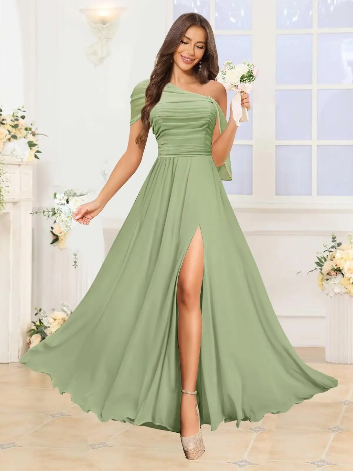 

Chiffon Bridesmaid Dresses Long Asymmetrical Hanging Sleeve Wedding Party Pageant Gown