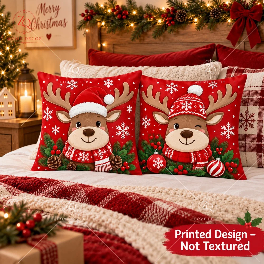 Christmas Reindeer Pillow Cover Peach Skin 2D Flat Printed Red Xmas Cushion Case Cute Deer Snowflake Throw Pillowcase Sofa Decor