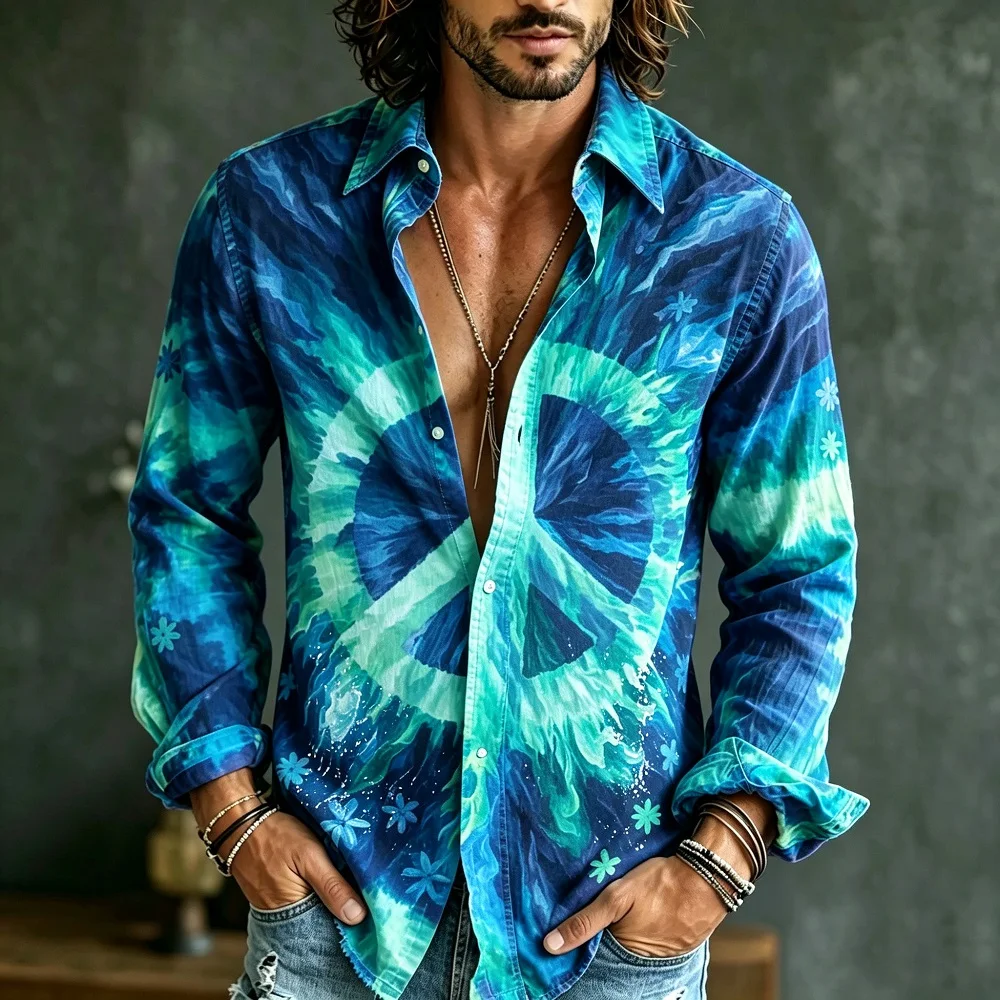 New Vintage Men's Artistic Wildflower Herbal Long Sleeve Shirt in Rice White Same Color Plant Printed Collar Casual Shirt