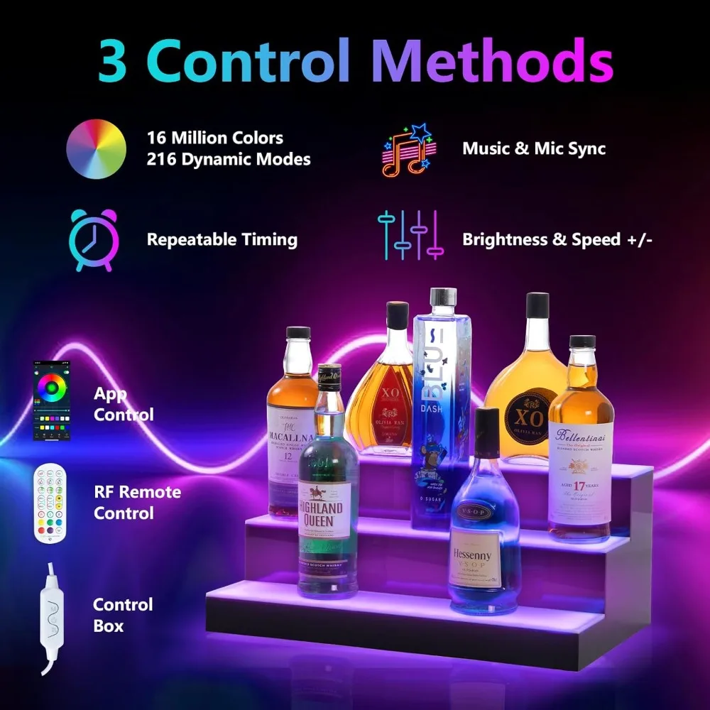 

US Shipping 3 Tier Whiskey Shelf with LED Lights, 20 Inch Acrylic Bar Stand Holds 18 Bottles, Remote & App Control, USB
