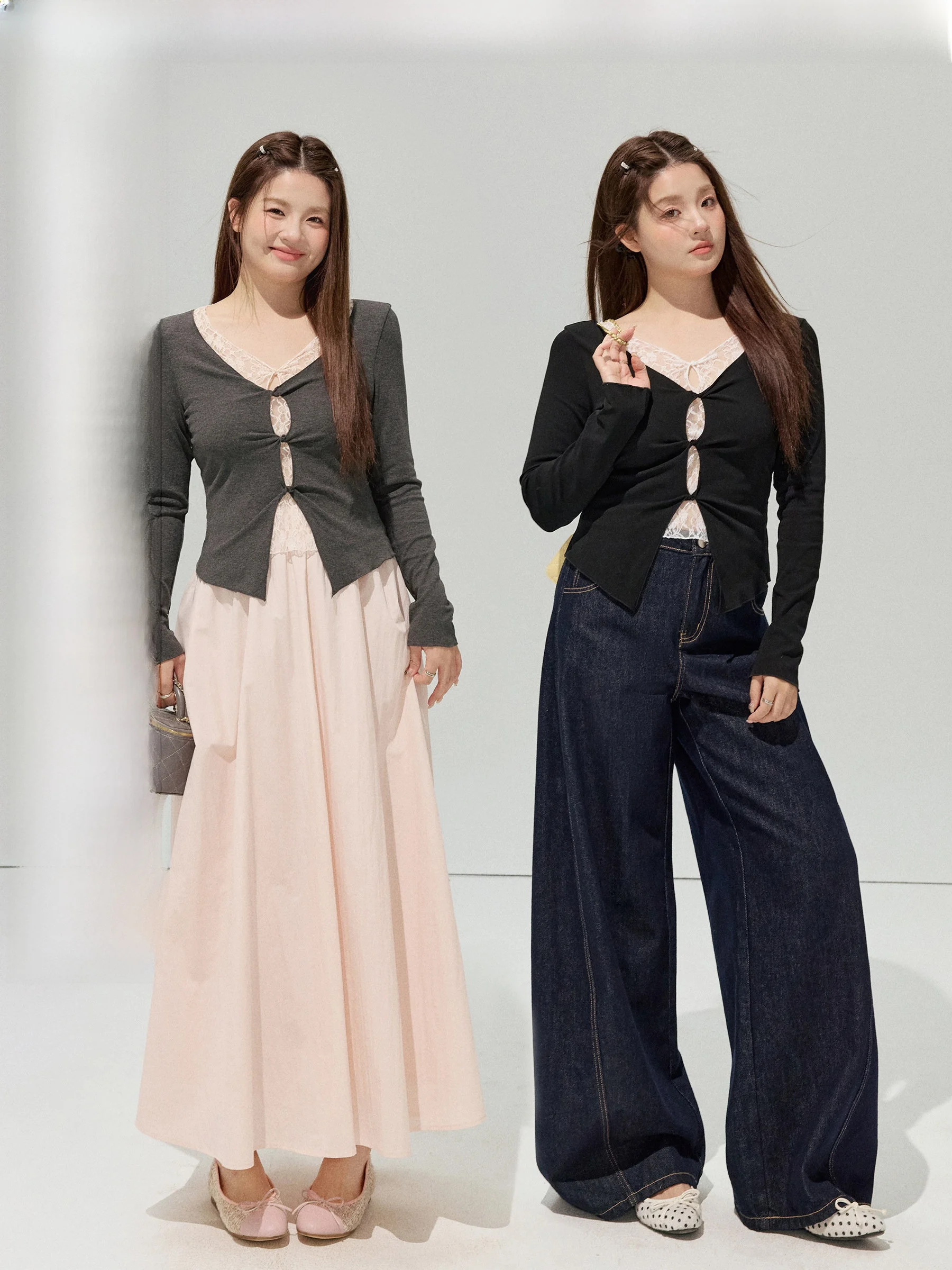 

Jiu Workop "Bum Fun" plus Size Lace Patchwork Knitted Slim Fit T Top Fake Two-Piece Long Sve V-Ne Regular Length