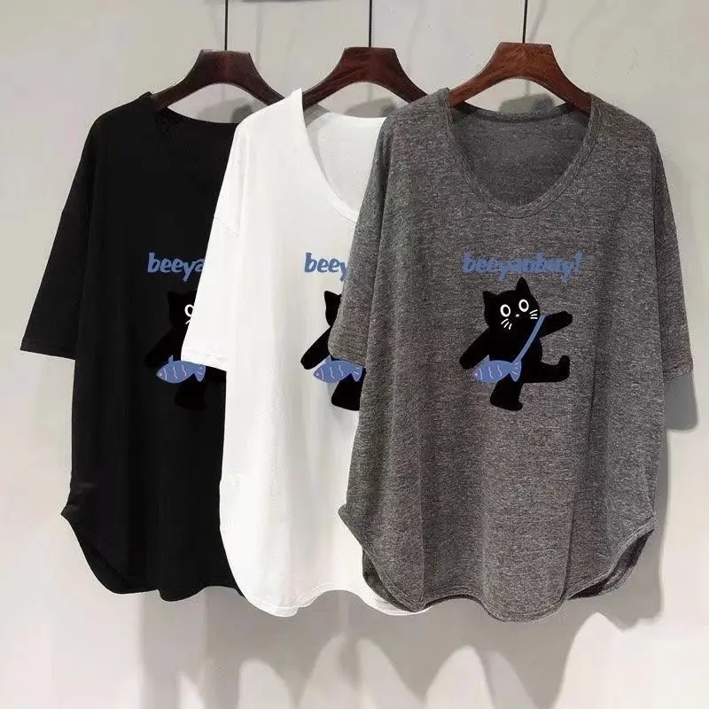 2026 Summer New Fashion Korean Slimming Belly Covering Top Loose Plus Size Medium To Long V-neck Short Sleeved T-shirt for Women