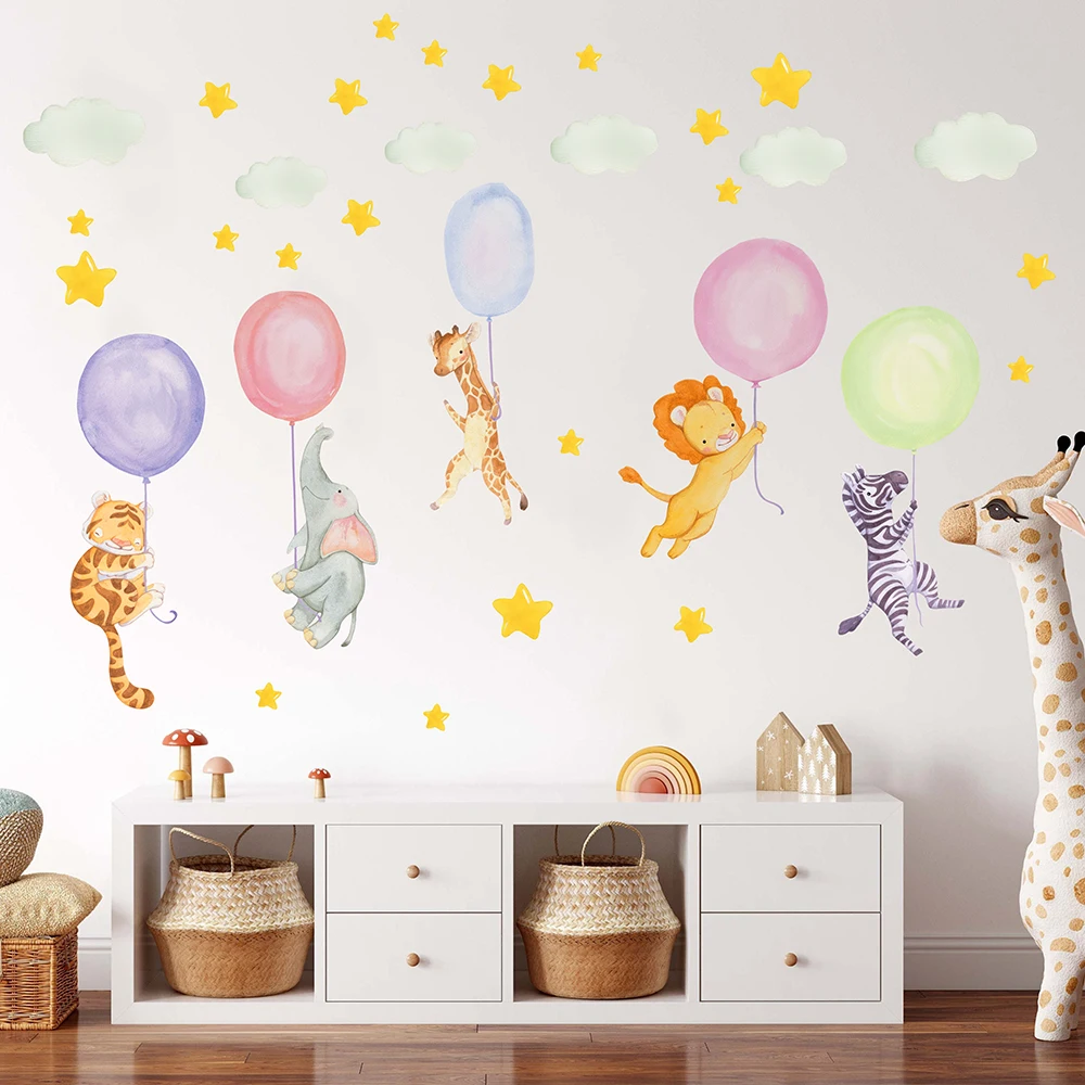 Cartoon Watercolor Safari Animals Balloon Wall Sticker Nursery Kids Room Elephant Lion Giraffe Wall Decal Bedroom Home Decor