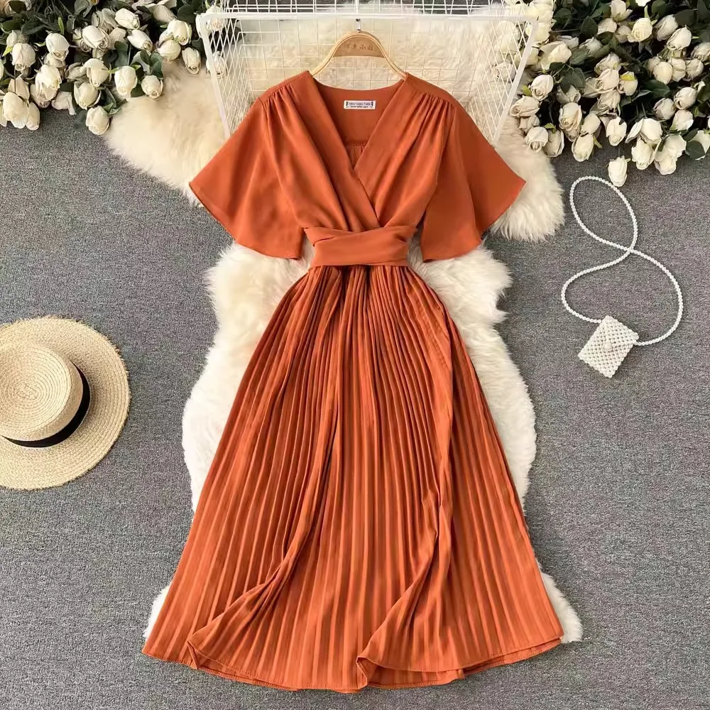 YuooMuoo Women Dress 2024 Summer Short Sleeve High Waist Sash Bandage Big Swing Long Dress Pop Fashion Pleated Party Vestidos