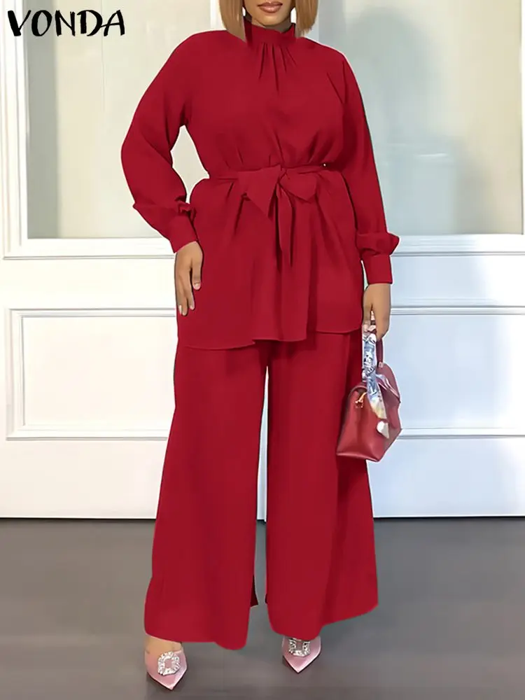 VONDA Elegant Women Pants Sets 2024 Autumn Solid Color Suits Long Sleeeve Tops Belted Elastic Waist Wide Leg Pants Casual Sets