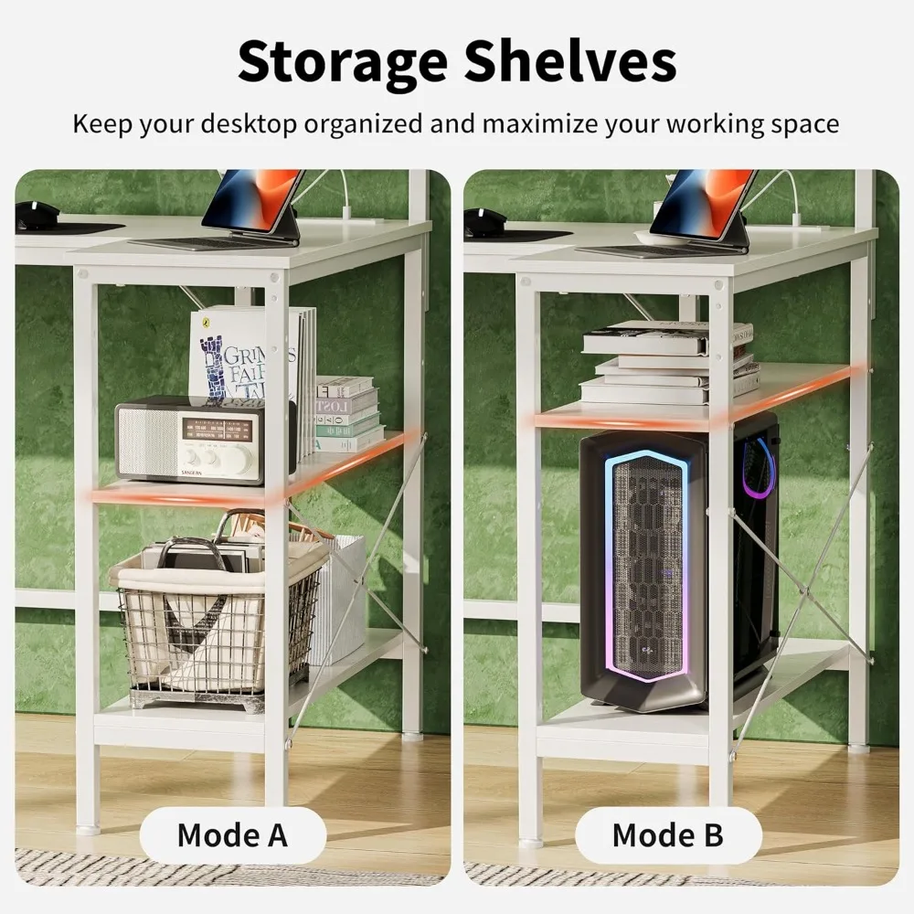 棚とディスプレイライザー付きL字型ゲーミングデスク、Type-Cコンセント付きコーナーコンピュータデスク48インチホワイトオフィスデスク