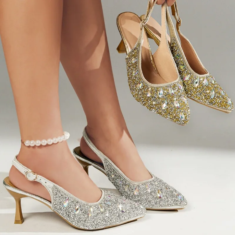 

Rhinestone Embellishment Women's Pointed Closed Toe High Heel Sandals New Summer Women Ankle Buckle Strap Fashionable Sandals