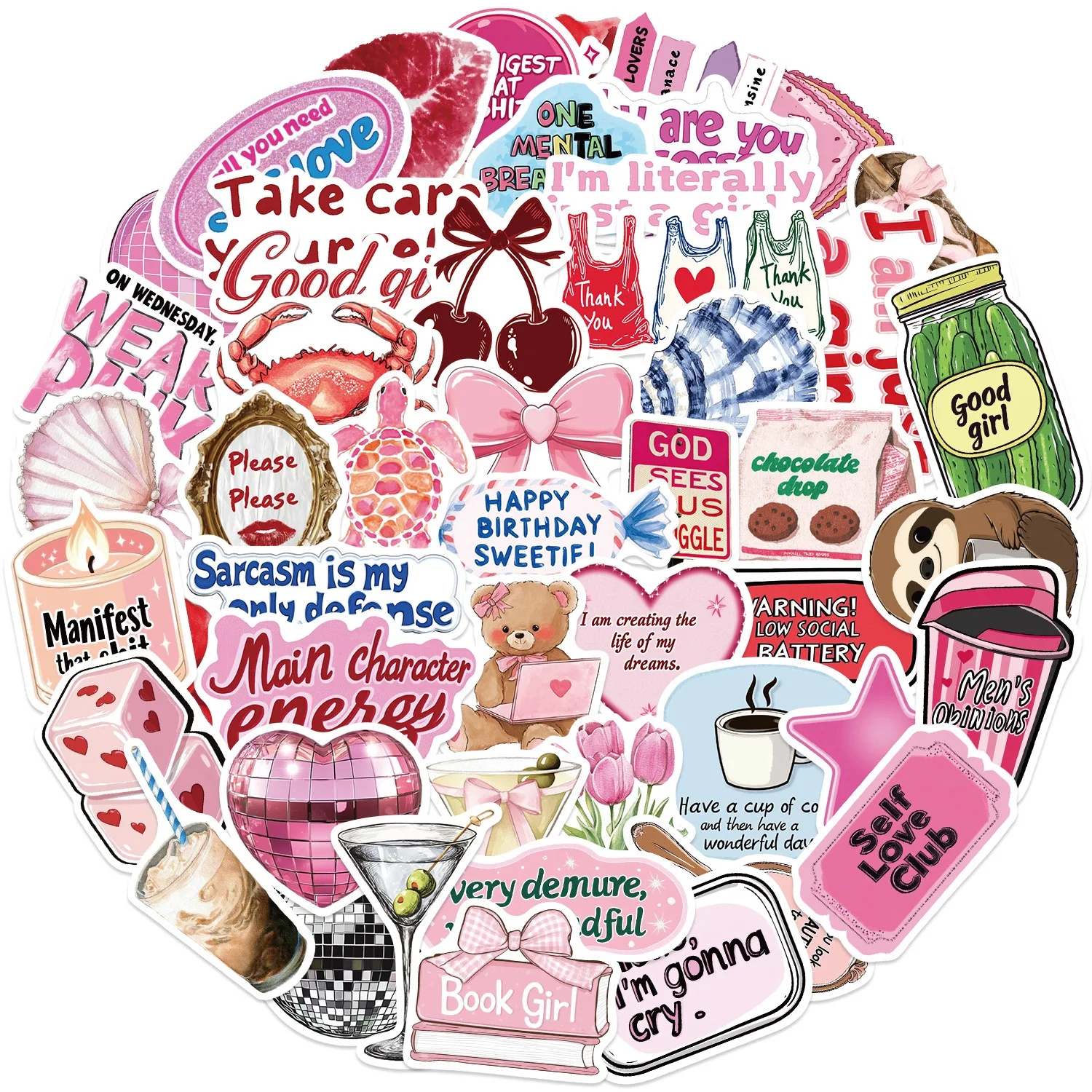 50PCS Cute Pink inspirational Girl Words Sticker Graffiti Decals DIY Decoration Phone Waterproof Notebook Skateboard Toy Gift