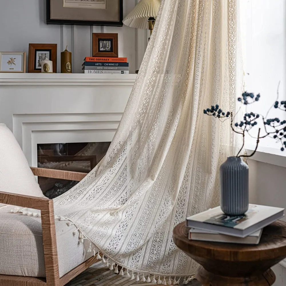Elegant Translucent Crochet Curtain Tassels Multi Size Cotton Curtain Hollow Beige Hollow Curtain Drapes