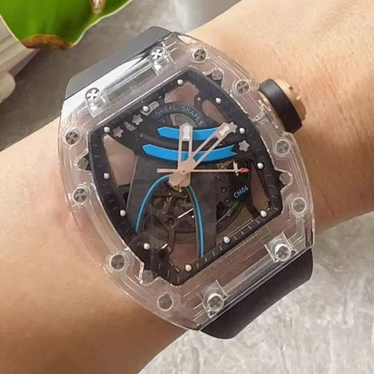 CRONUSART Men Automatic Watch Tonneau Mechanical Wristwatch Acrylic Case Luminous K9 Mirror FKM Strap Skeleton Rainbow Dial