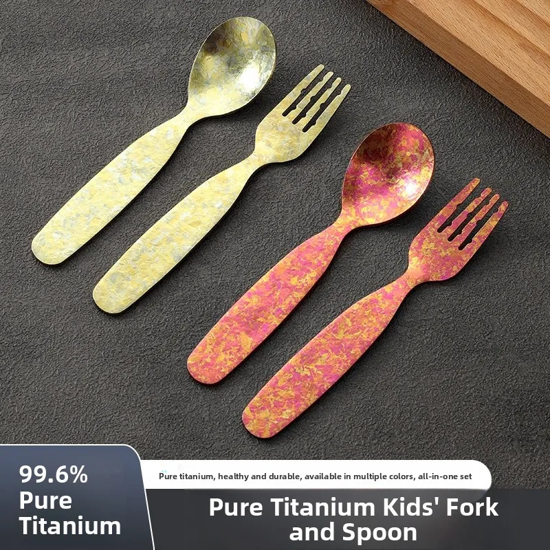 Pure Titanium Crystal Children's Fork Spoon Set Baby Portable Auxiliary Food Spoon Titanium Cutlery Set Non-fading Short Sleeve