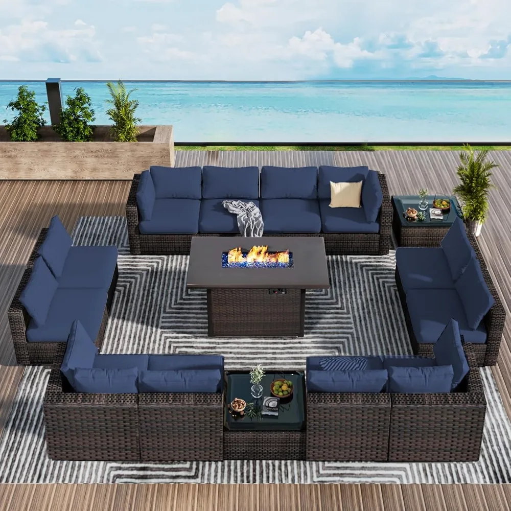 15 pieces of terrace furniture combination sofa with 50000 BTU propane gas pit table, blue