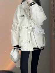 Winter Warm Thick White Coat Women Chic Belt Patchwork Design Loose Jacket Femme Fashion Casual Long Sleeve 2024 New in Outwear