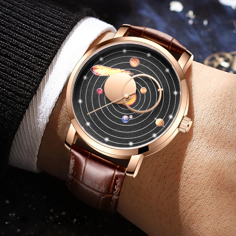 Lige kreative Design Uhr für Männer Sonnensystem Zifferblatt Leder Sport wasserdichte Armbanduhr Quarzt Uhren Uhr Relogio Masculino