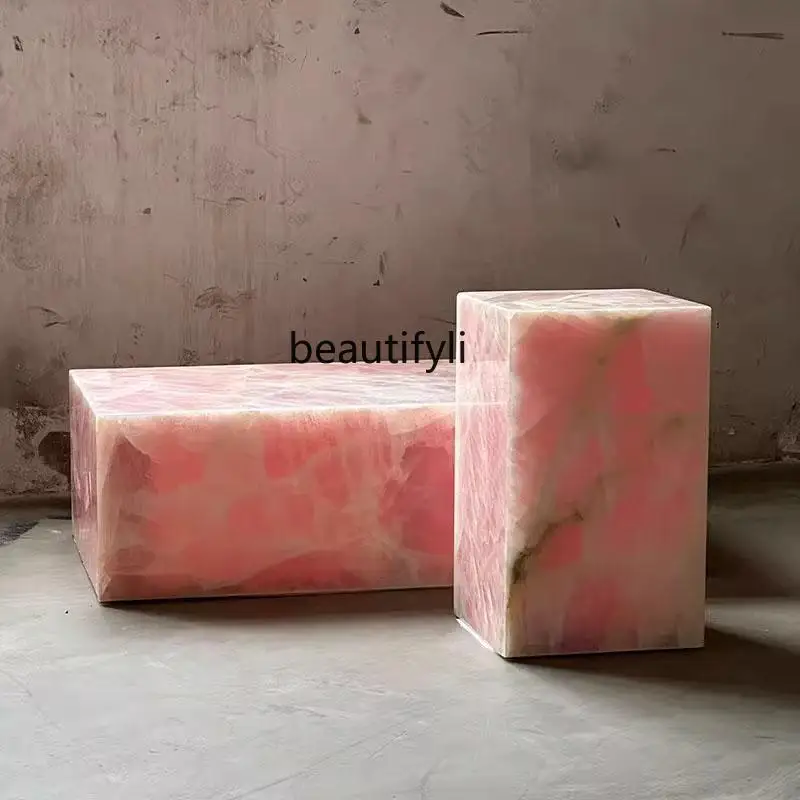 Natural marble pink square edge, powder jade coffee table, light luxury bedside sofa