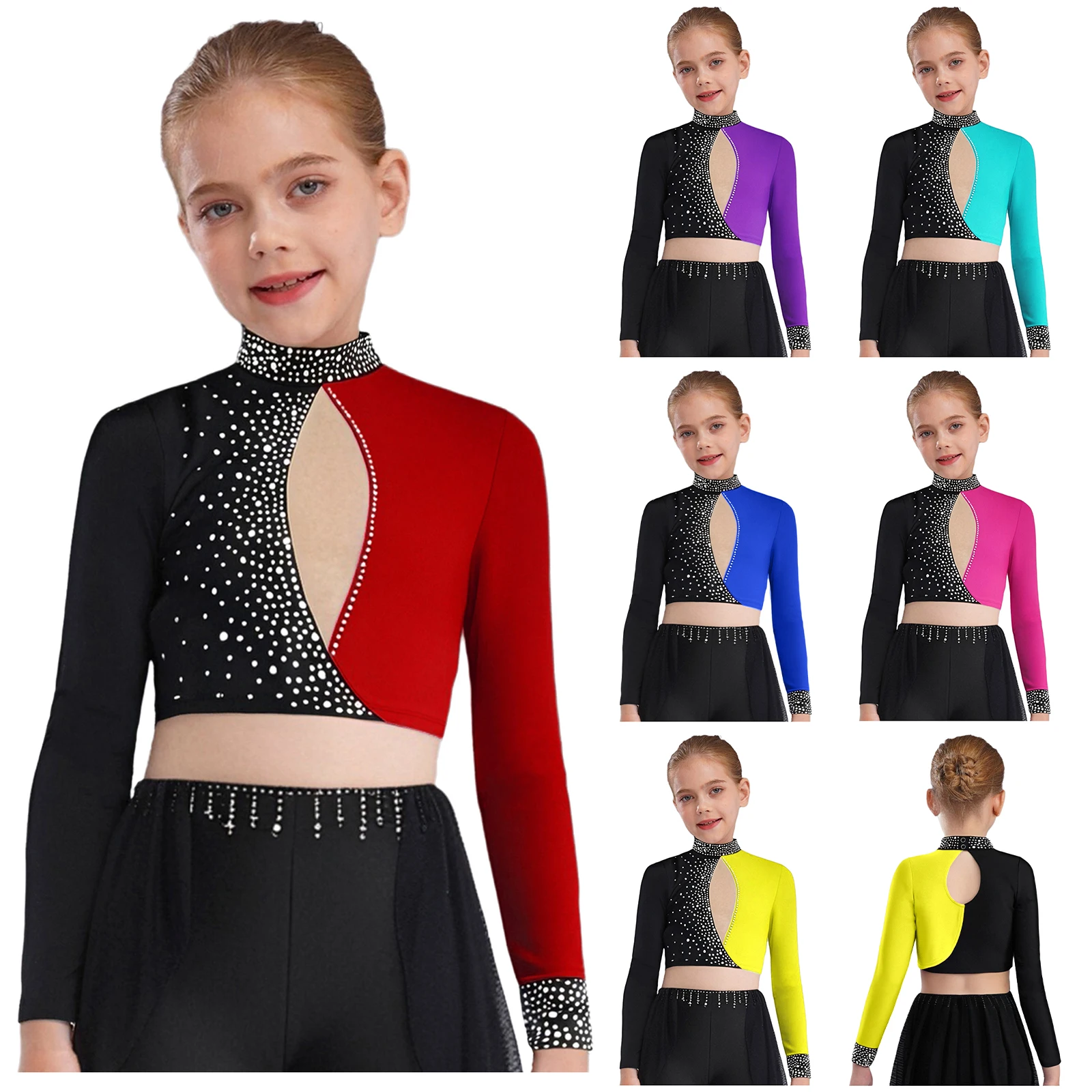 Kids Girls Gymnastics Ballet Dance Top Figure Skating Costume Long Sleeve Keyhole Back Color Block Shiny Rhinestones Crop Top