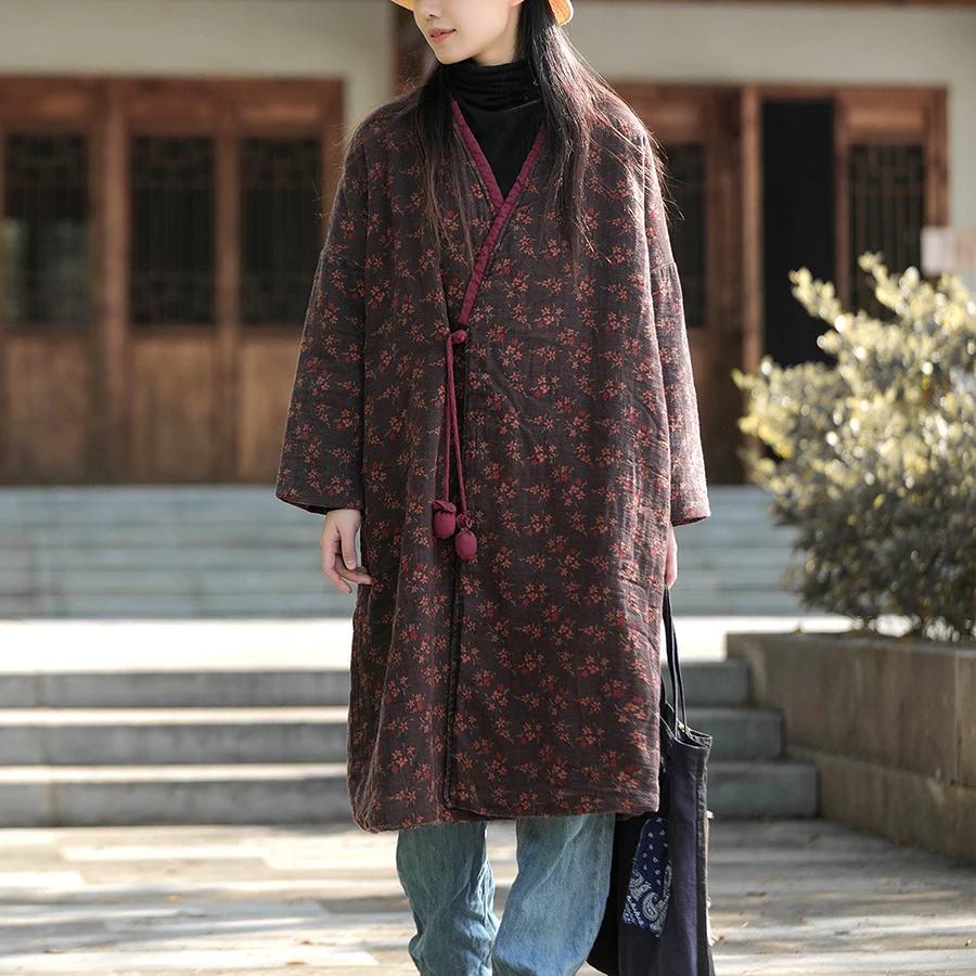 LZJN Winter Thickened Loose Plus Size Cotton Padded Cloth Retro Printed Filled Coat New Chinese Style Elegant Cotton Padded Jack