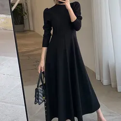 Elegant Fashion Harajuku Slim Fit All Match Women's Clothing Loose Casual Mid Length Skirt Solid Patchwork Long Sleeve Dresses