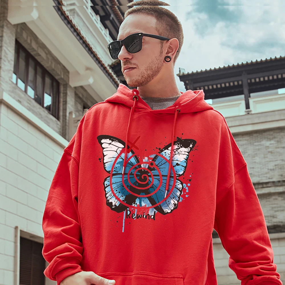 Rewind Coil Speckle Design Blue Butterfly Printing Couple Pullover Personality Oversize Tops Fashion Hip Hop Mens Cotton Hooded