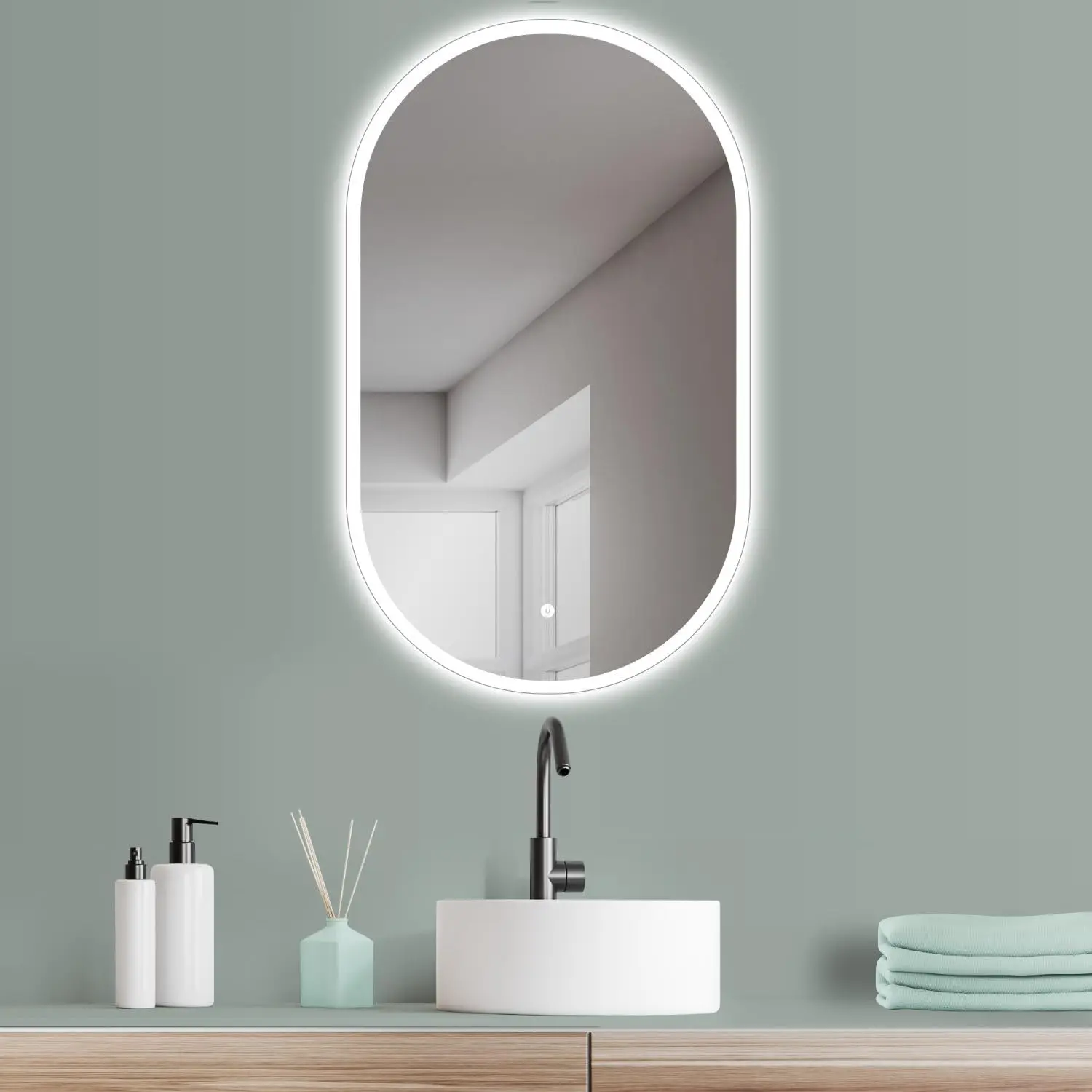 HOKO LED Badspiegel Oval 45x75 cm Antibeschlag Wandspiegel Hoch Quer Montage