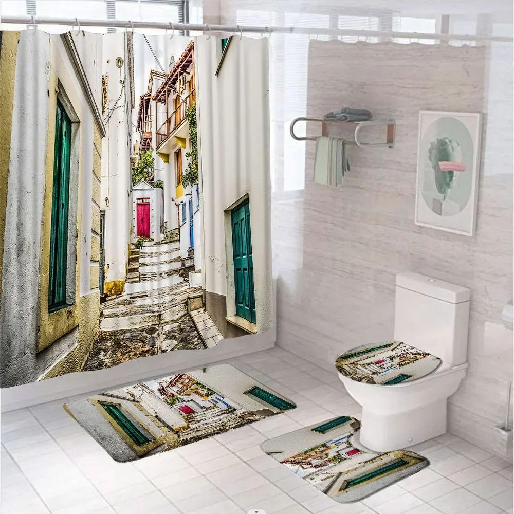 Italian Shower Curtain Set Rustic Potted European City Town Green Plant Mediterranean Bathroom Decor Rug Bath Mat Toilet Cover