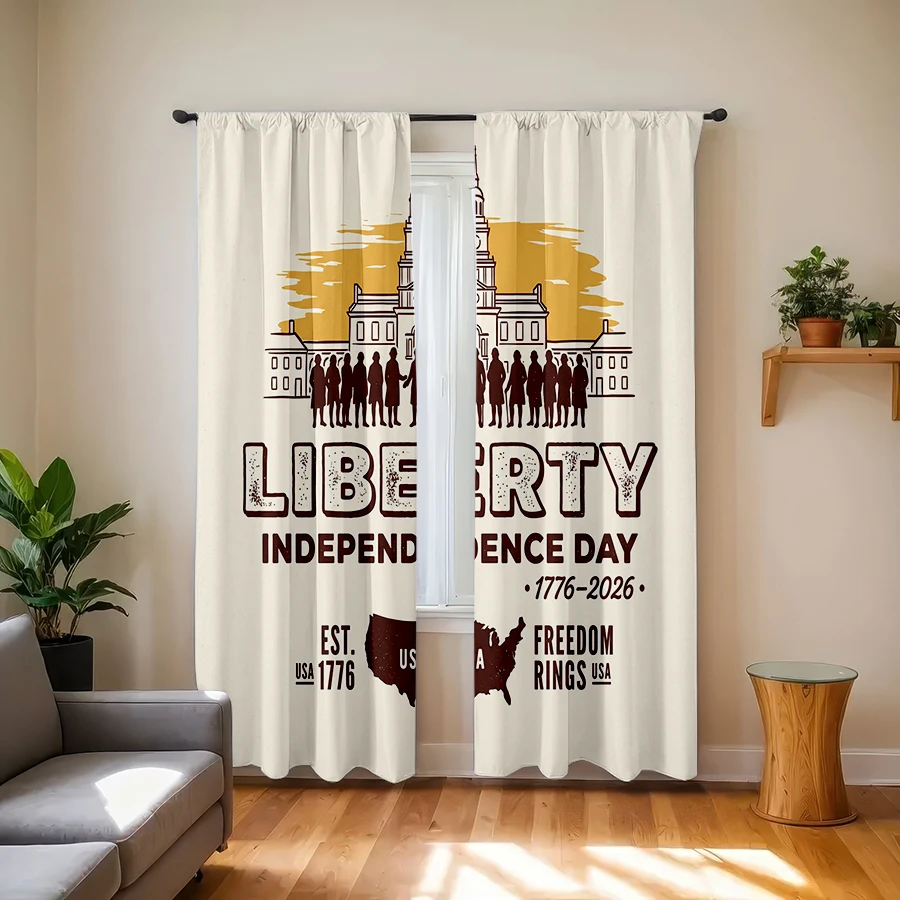 2PCS Curtains, Vintage Independence Day Independence Hall Building, Founding Fathers Silhouette and USA Map Pattern Print, Appli