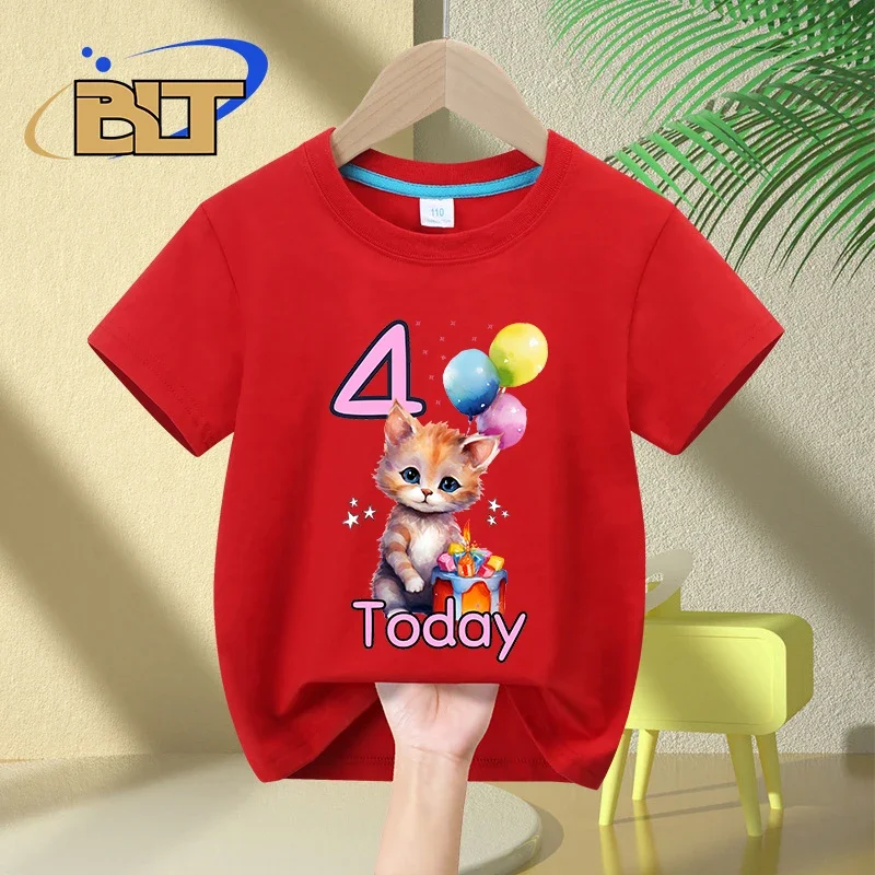 T-shirt d'anniversaire pour fille de 4 ans, imprimé chat mignon, pour enfant, en coton, à manches courtes, cadeau, nouveauté