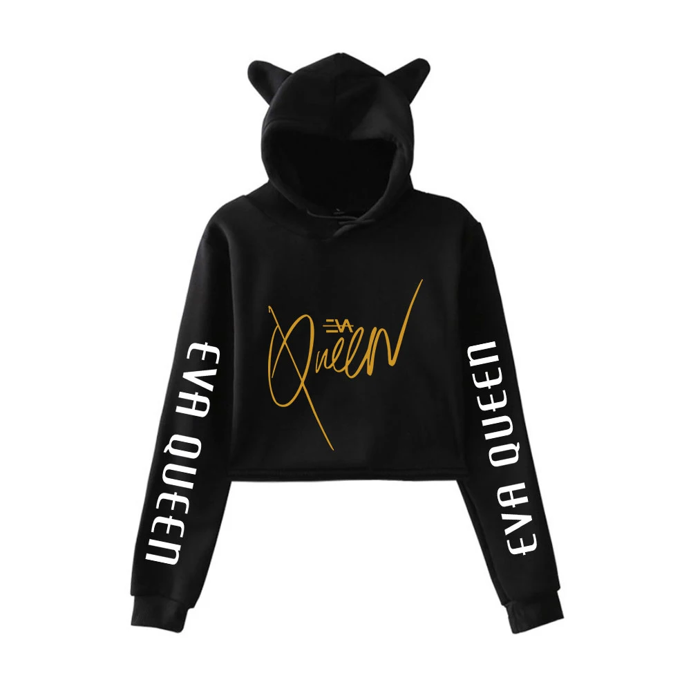 

New Eva Queen Pullover Girls Casual Cat Cropped Hoodies Female Long Sleeve Sweatshirts Crop Top Women's Hoodie Eva Queen Tops